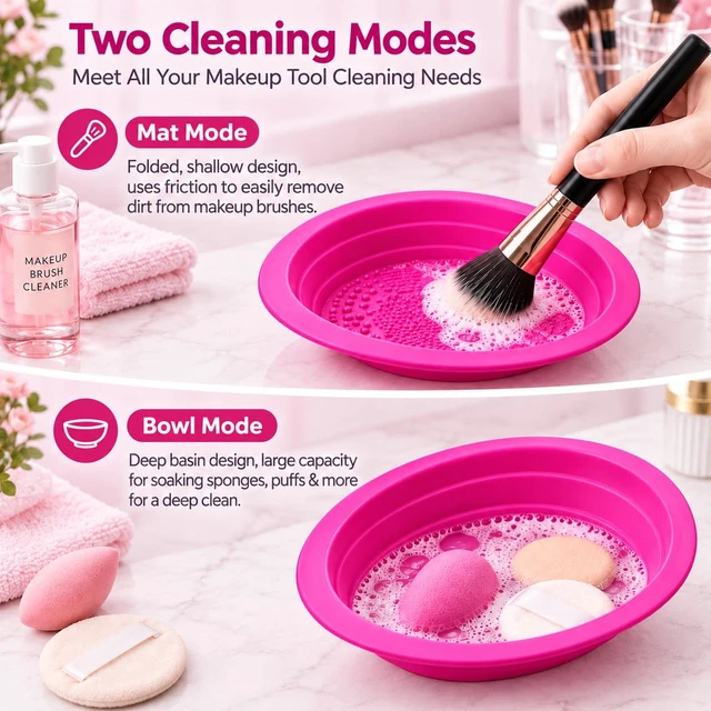 Alt view image 4 of 6 - 2-in-1 Collapsible Silicone Makeup Brush Cleaning Bowl, 4 Cleaning Textures, Brush Cleaner Mat & Bowl, Soft Flexible Portable Design for Makeup Brushes, Sponges & Puffs