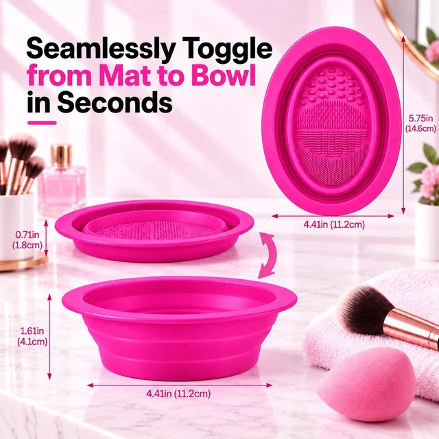 Alt view image 5 of 6 - 2-in-1 Collapsible Silicone Makeup Brush Cleaning Bowl, 4 Cleaning Textures, Brush Cleaner Mat & Bowl, Soft Flexible Portable Design for Makeup Brushes, Sponges & Puffs