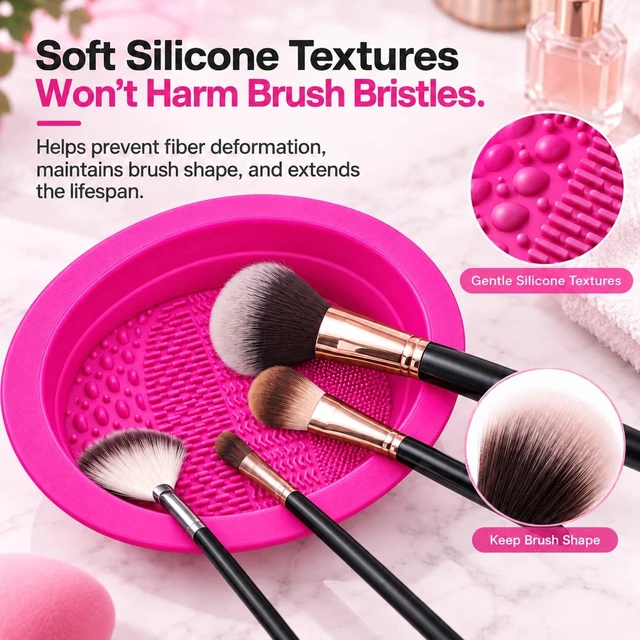 Alt view image 3 of 6 - 2-in-1 Collapsible Silicone Makeup Brush Cleaning Bowl, 4 Cleaning Textures, Brush Cleaner Mat & Bowl, Soft Flexible Portable Design for Makeup Brushes, Sponges & Puffs
