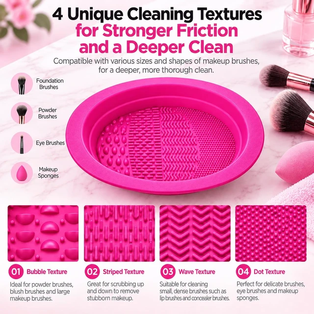 Alt view image 2 of 6 - 2-in-1 Collapsible Silicone Makeup Brush Cleaning Bowl, 4 Cleaning Textures, Brush Cleaner Mat & Bowl, Soft Flexible Portable Design for Makeup Brushes, Sponges & Puffs