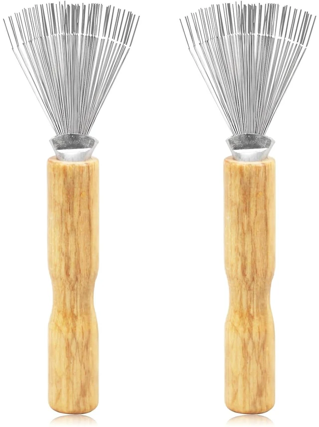 Main image of 2PCS Mini Hair Brush Cleaner Set with Wooden Handle and Metal Wire Rake Portable Comb Cleaner