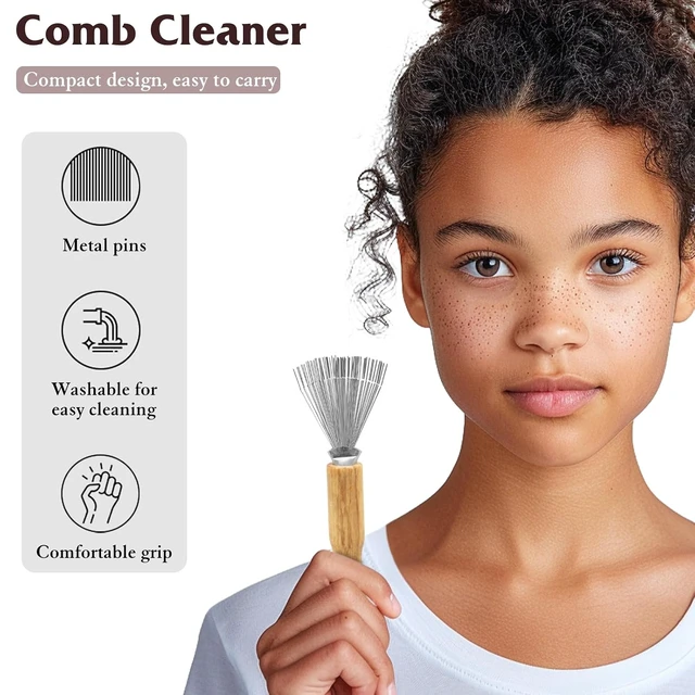 Alt view image 5 of 7 - 2PCS Mini Hair Brush Cleaner Set with Wooden Handle and Metal Wire Rake Portable Comb Cleaner