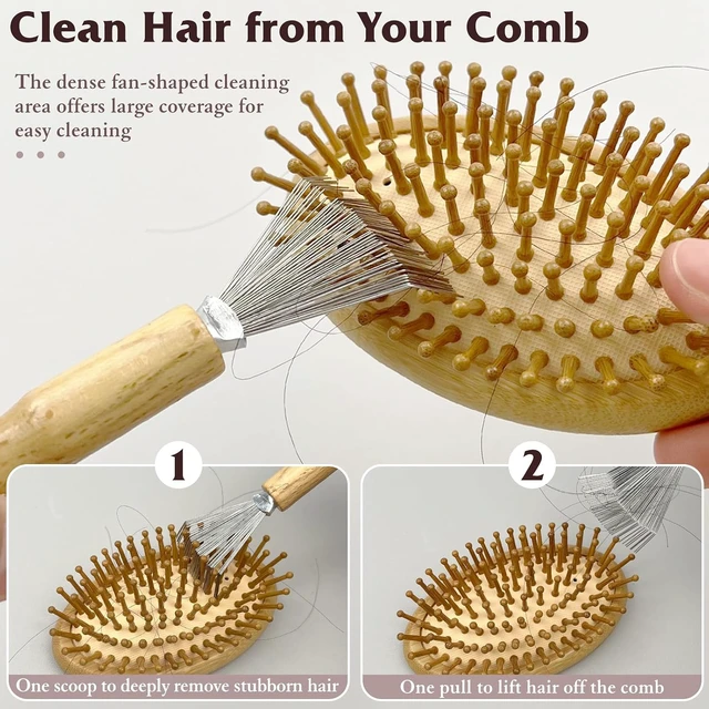 Alt view image 3 of 7 - 2PCS Mini Hair Brush Cleaner Set with Wooden Handle and Metal Wire Rake Portable Comb Cleaner