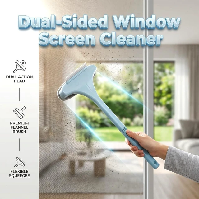 Alt view image 3 of 7 - 2 in 1 Window Screen Cleaning Brush, Mesh Window Screen Cleaner Tool with Squeegee, Multifunctional Screen Cleaner Tool for Patio Door Porch Screens