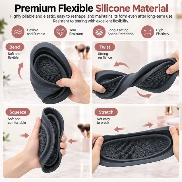 Alt view image 3 of 6 - 2-in-1 Collapsible Silicone Makeup Brush Cleaning Bowl, 4 Cleaning Textures, Brush Cleaner Mat & Bowl, Soft Flexible Portable Design for Makeup Brushes, Sponges & Puffs