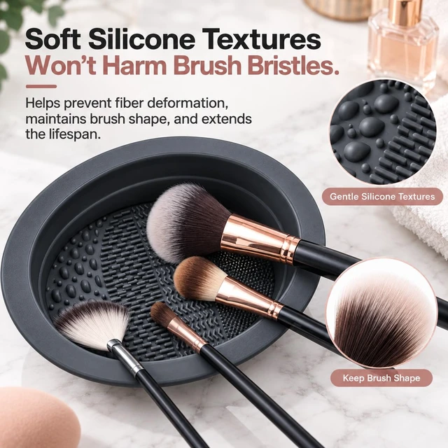 Alt view image 2 of 6 - 2-in-1 Collapsible Silicone Makeup Brush Cleaning Bowl, 4 Cleaning Textures, Brush Cleaner Mat & Bowl, Soft Flexible Portable Design for Makeup Brushes, Sponges & Puffs