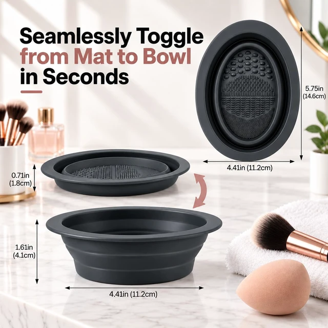Alt view image 4 of 6 - 2-in-1 Collapsible Silicone Makeup Brush Cleaning Bowl, 4 Cleaning Textures, Brush Cleaner Mat & Bowl, Soft Flexible Portable Design for Makeup Brushes, Sponges & Puffs