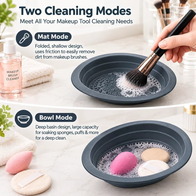 Alt view image 6 of 6 - 2-in-1 Collapsible Silicone Makeup Brush Cleaning Bowl, 4 Cleaning Textures, Brush Cleaner Mat & Bowl, Soft Flexible Portable Design for Makeup Brushes, Sponges & Puffs