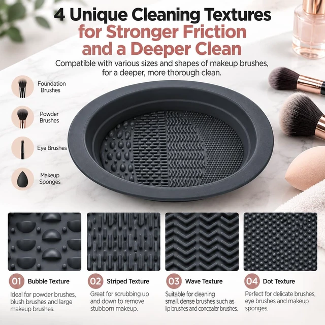 Alt view image 5 of 6 - 2-in-1 Collapsible Silicone Makeup Brush Cleaning Bowl, 4 Cleaning Textures, Brush Cleaner Mat & Bowl, Soft Flexible Portable Design for Makeup Brushes, Sponges & Puffs