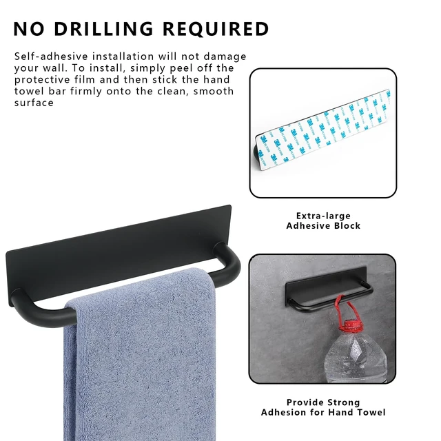 Alt view image 3 of 7 - Stainless Steel Adhesive Towel Holder No Drill Waterproof 9" Black