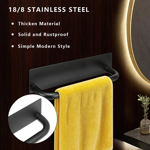 Alt view image 6 of 7 - Stainless Steel Adhesive Towel Holder No Drill Waterproof 9" Black