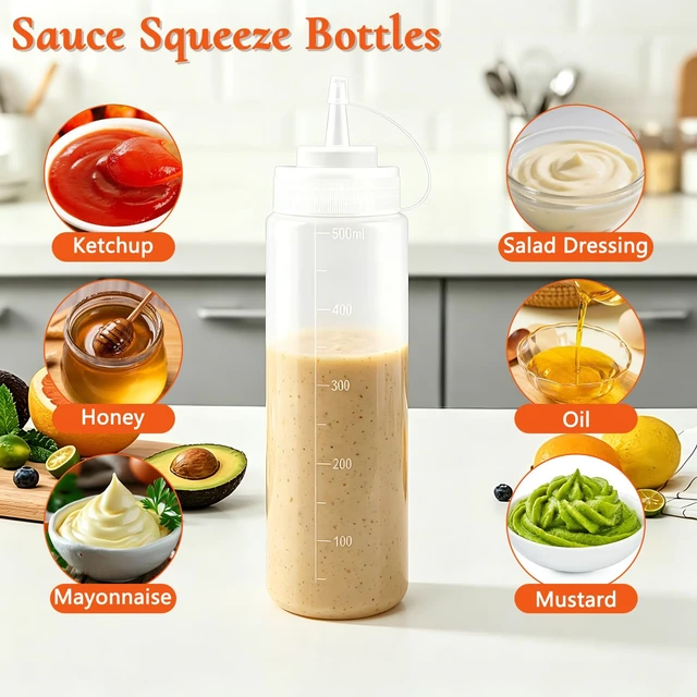 Alt view image 6 of 6 - Semi-Transparent 16.9oz Plastic Squeeze Bottles with Nozzle Caps, Refillable Soft Squeeze Condiment Bottles for Ketchup, Sauces and Oil