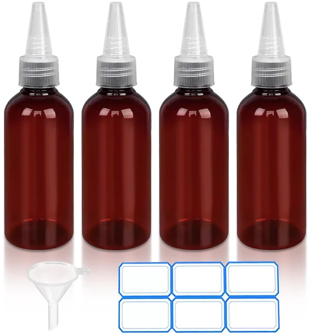 Main image of DTDNZKN 4 Pack 1 Oz (30ml) Amber Plastic Essential Oil Bottles, Pointed Mouth Top Bottle with Funnel, Labels for Liquid Storage - Not Dropper