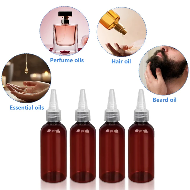 Alt view image 3 of 6 - DTDNZKN 4 Pack 1 Oz (30ml) Amber Plastic Essential Oil Bottles, Pointed Mouth Top Bottle with Funnel, Labels for Liquid Storage - Not Dropper