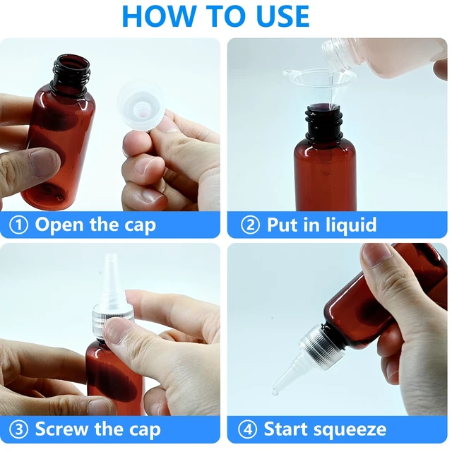 Alt view image 5 of 6 - DTDNZKN 4 Pack 1 Oz (30ml) Amber Plastic Essential Oil Bottles, Pointed Mouth Top Bottle with Funnel, Labels for Liquid Storage - Not Dropper