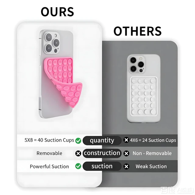 Alt view image 6 of 6 - SHENGXIN 2 Pack Silicone Double-Sided Suction Grip 40 Cups per Side, Strong Hold for iPhone, Galaxy, Pixel, Android Hands-Free for Selfies & Videos (Pink)