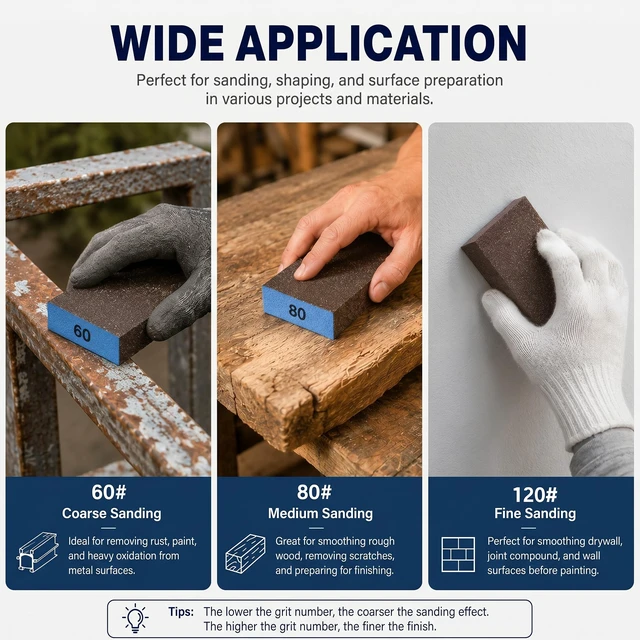 Alt view image 4 of 7 - Sanding Sponge, Coarse Medium Fine Grit Sanding Block, Sander Sponges for Drywall Metal, Sandpaper Sponge Sanding Blocks for Wood (4, 60/80/120/180)