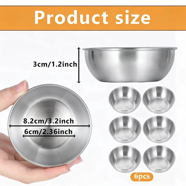 Main image of 6 Pack Small Stainless Steel Bowl Mini Stainless Steel Bowls Sauce Dishes Metal Dipping Bowls for Side Dishes, Appetizer, Dips, Sushi, Snacks, Dishwasher Safe, Silver