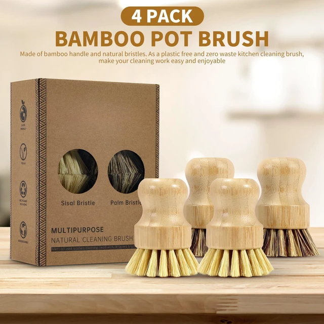 Alt view image 2 of 7 - 4 Pack Bamboo Dish Brush Set, Natural Palm Dish Scrubber for Pots and Vegetables, Sisal Bristle Bamboo Scrub Brush for Cleaning Dishes and Pans