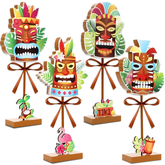 Main image of 4Pcs Hawaiian Luau Wooden Table Decor Tiki Themed Standing Wood Sign | Tiki Bar Theme Centerpiece , Tropical Aloha Wooden Tabletop Sign, Brown Tiered Tray Decor , for Home Office Party Supplies