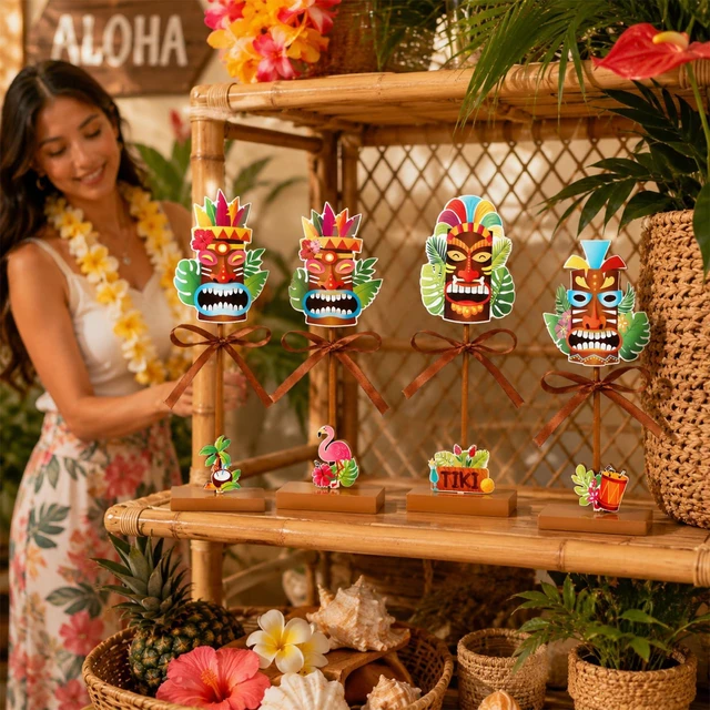 Alt view image 5 of 7 - 4Pcs Hawaiian Luau Wooden Table Decor Tiki Themed Standing Wood Sign | Tiki Bar Theme Centerpiece , Tropical Aloha Wooden Tabletop Sign, Brown Tiered Tray Decor , for Home Office Party Supplies