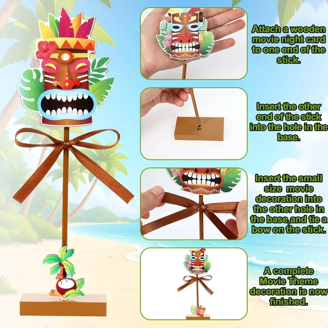 Alt view image 4 of 7 - 4Pcs Hawaiian Luau Wooden Table Decor Tiki Themed Standing Wood Sign | Tiki Bar Theme Centerpiece , Tropical Aloha Wooden Tabletop Sign, Brown Tiered Tray Decor , for Home Office Party Supplies
