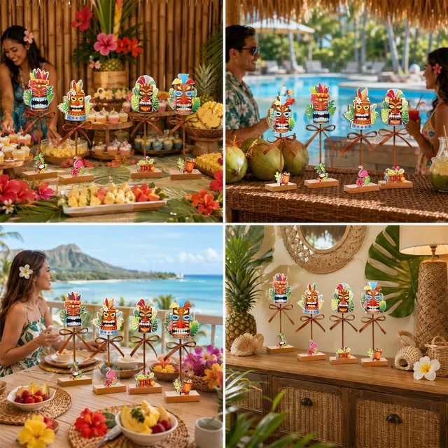 Alt view image 7 of 7 - 4Pcs Hawaiian Luau Wooden Table Decor Tiki Themed Standing Wood Sign | Tiki Bar Theme Centerpiece , Tropical Aloha Wooden Tabletop Sign, Brown Tiered Tray Decor , for Home Office Party Supplies