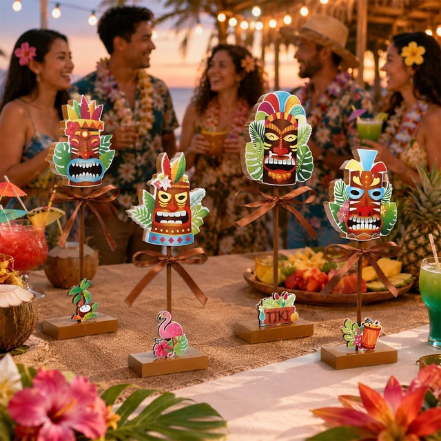 Alt view image 6 of 7 - 4Pcs Hawaiian Luau Wooden Table Decor Tiki Themed Standing Wood Sign | Tiki Bar Theme Centerpiece , Tropical Aloha Wooden Tabletop Sign, Brown Tiered Tray Decor , for Home Office Party Supplies