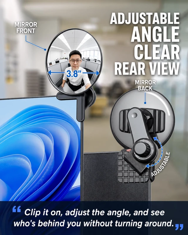 Alt view image 2 of 7 - 3.8 in Clip-On Convex Computer Monitor Mirror to See Behind You | Acrylic convex mirror with clip mount for monitors, laptops, PC screens, office desks, cubicles and home workspace