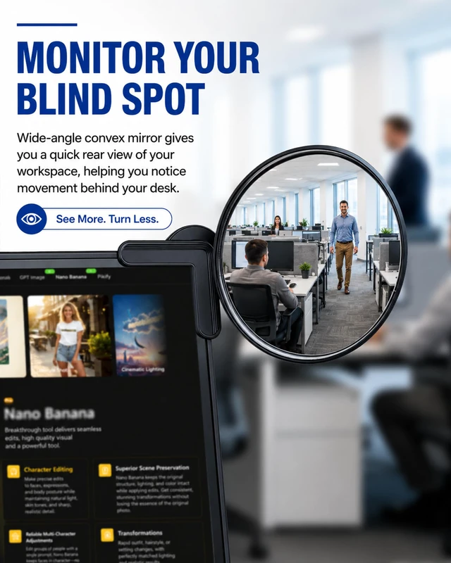 Alt view image 5 of 7 - 3.8 in Clip-On Convex Computer Monitor Mirror to See Behind You | Acrylic convex mirror with clip mount for monitors, laptops, PC screens, office desks, cubicles and home workspace