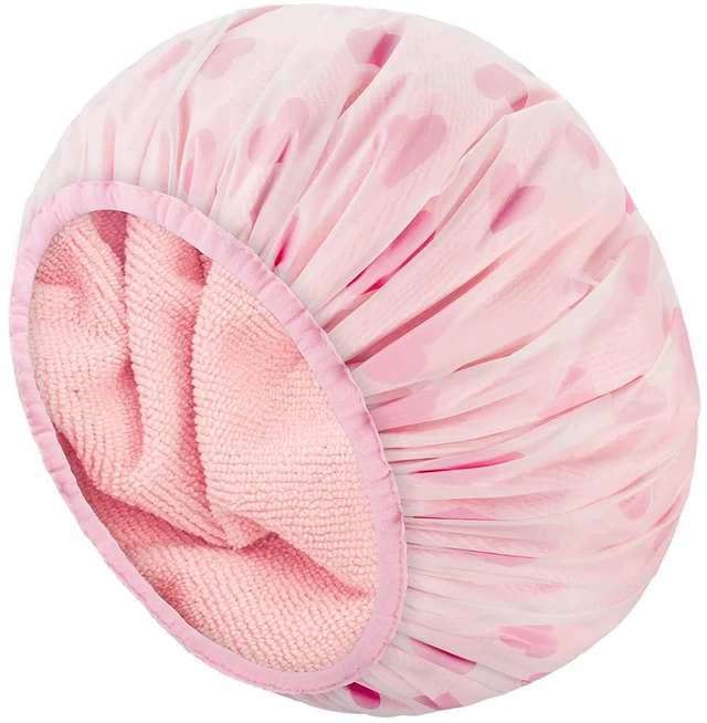 Main image of Shower Cap, Shower Cap for Women Terry Cloth Lined EVA Exterior Reusable Double Layer Waterproof, Large Bath Hair Cap, Hotel Travel Essentials Accessories Cleaning Supplies(Pink)