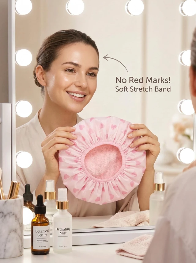 Alt view image 2 of 7 - Shower Cap, Shower Cap for Women Terry Cloth Lined EVA Exterior Reusable Double Layer Waterproof, Large Bath Hair Cap, Hotel Travel Essentials Accessories Cleaning Supplies(Pink)