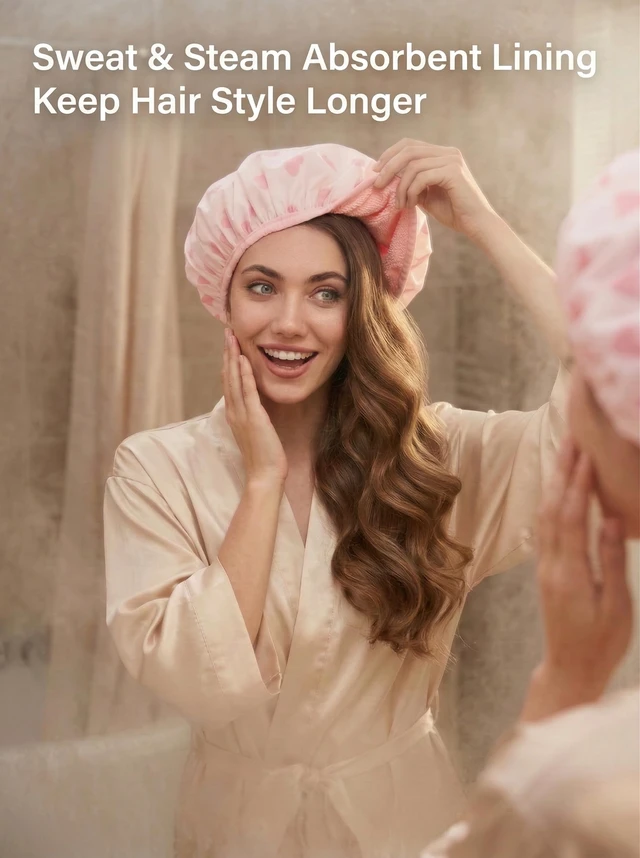 Alt view image 3 of 7 - Shower Cap, Shower Cap for Women Terry Cloth Lined EVA Exterior Reusable Double Layer Waterproof, Large Bath Hair Cap, Hotel Travel Essentials Accessories Cleaning Supplies(Pink)