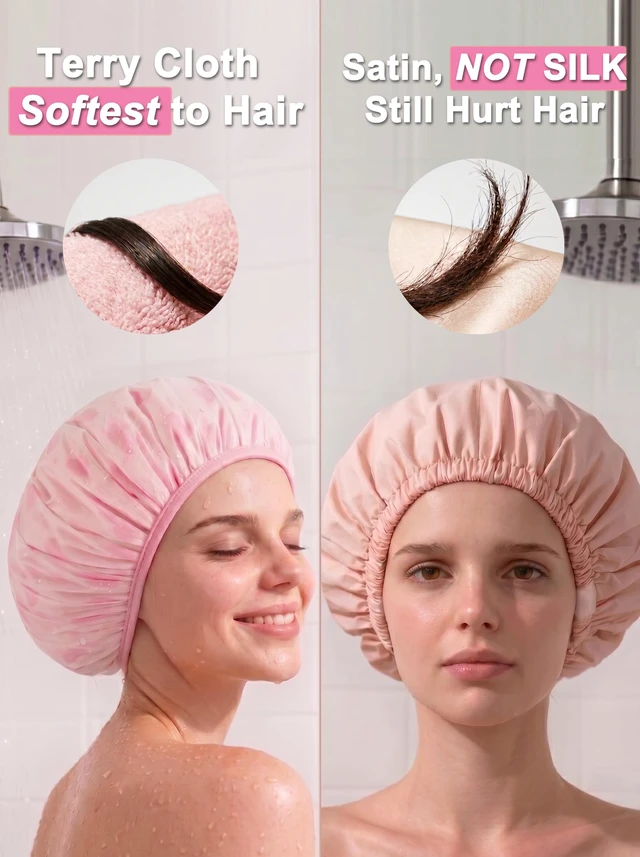 Alt view image 5 of 7 - Shower Cap, Shower Cap for Women Terry Cloth Lined EVA Exterior Reusable Double Layer Waterproof, Large Bath Hair Cap, Hotel Travel Essentials Accessories Cleaning Supplies(Pink)