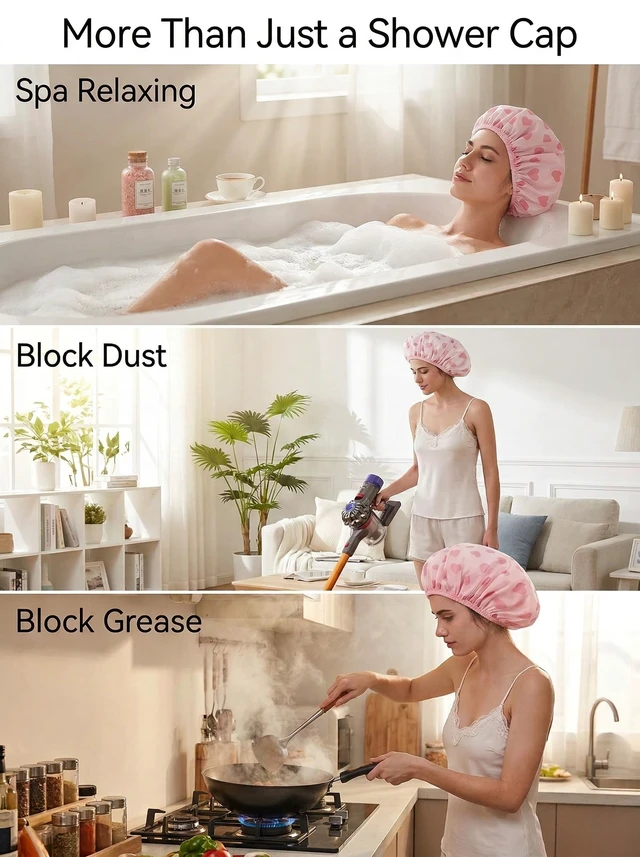 Alt view image 7 of 7 - Shower Cap, Shower Cap for Women Terry Cloth Lined EVA Exterior Reusable Double Layer Waterproof, Large Bath Hair Cap, Hotel Travel Essentials Accessories Cleaning Supplies(Pink)