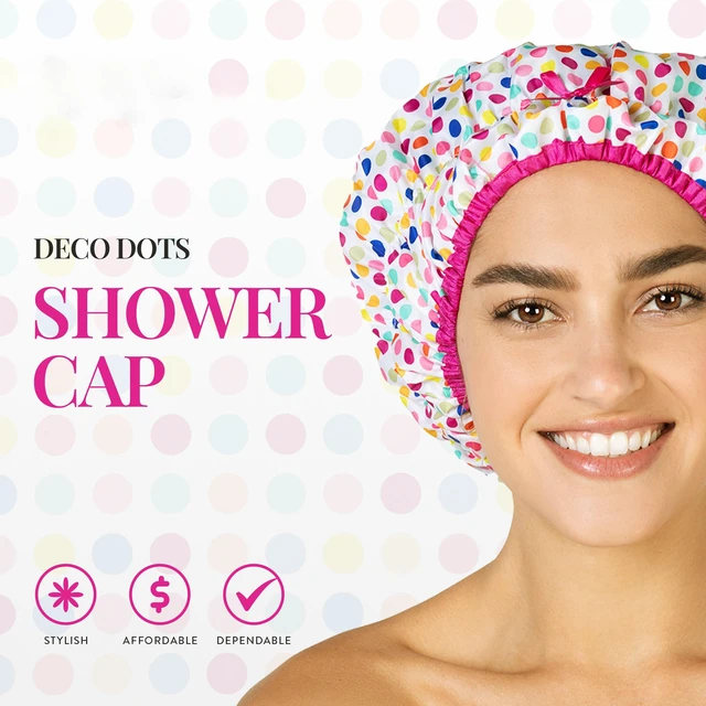 Alt view image 2 of 7 - Fashionista Reusable Shower Cap, Deco Dots | Oversized Waterproof PEVA Lined Bath Cap for All Hair Lengths, Elastic Stretch Hem Hair Hat