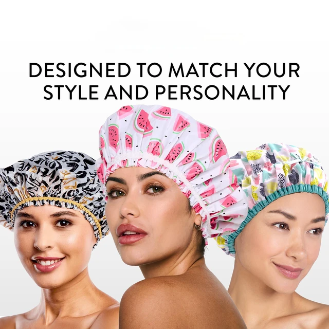 Alt view image 7 of 7 - Fashionista Reusable Shower Cap, Deco Dots | Oversized Waterproof PEVA Lined Bath Cap for All Hair Lengths, Elastic Stretch Hem Hair Hat