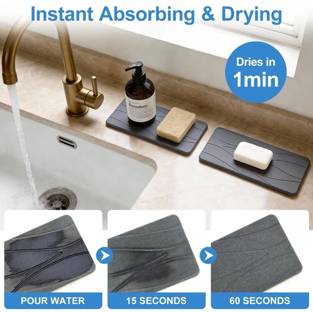 Alt view image 2 of 7 - Water Absorbing Diatomite Stone Drying Tray for Sink Kitchen Soap Dish | Fast Quick Dry Stone Mat for Kitchen Counter Decor Bathroom Sink Organizer Sponge Holder Diatomaceous Earth Soap Tray
