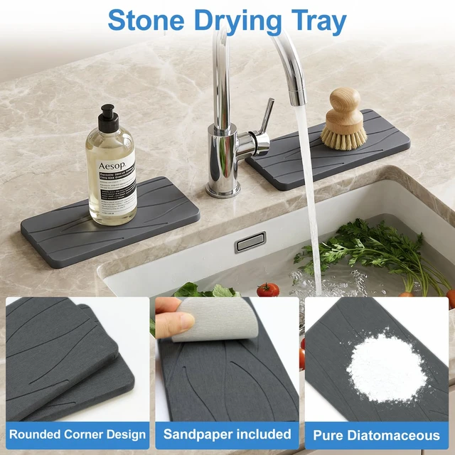 Alt view image 3 of 7 - Water Absorbing Diatomite Stone Drying Tray for Sink Kitchen Soap Dish | Fast Quick Dry Stone Mat for Kitchen Counter Decor Bathroom Sink Organizer Sponge Holder Diatomaceous Earth Soap Tray