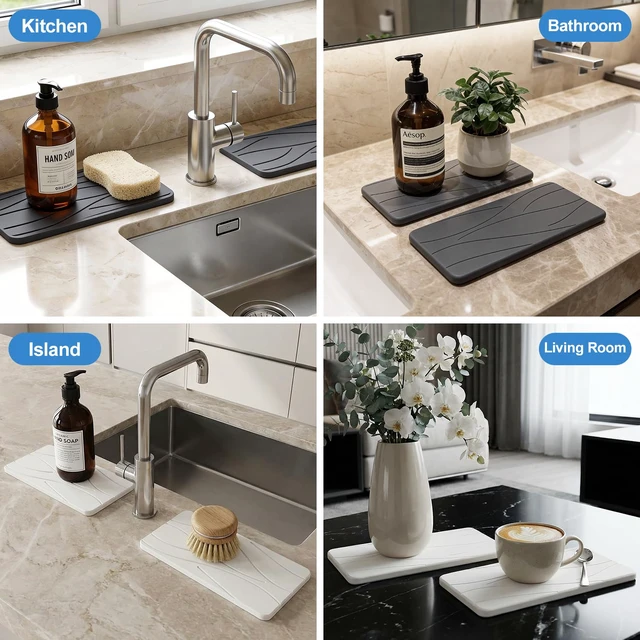 Alt view image 6 of 7 - Water Absorbing Diatomite Stone Drying Tray for Sink Kitchen Soap Dish | Fast Quick Dry Stone Mat for Kitchen Counter Decor Bathroom Sink Organizer Sponge Holder Diatomaceous Earth Soap Tray