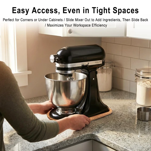Alt view image 7 of 7 - Pine Wood Mixer Slider Tray for 4.55 Qt Stand Mixer, Countertop Appliance Sliding Board for Easy Movement and Kitchen Counter Protection
