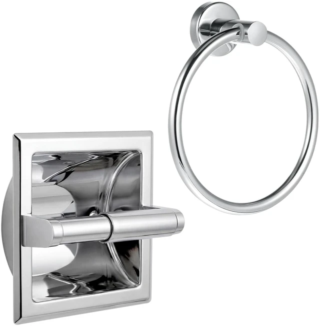 Main image of 2 Pcs Polished Chrome Recessed Toilet Paper Holder and Towel Ring Set, Stainless Steel Bathroom Hardware, Wall Mount Pivoting Toilet Paper Dispenser & Heavy Duty Towel Roll Holder