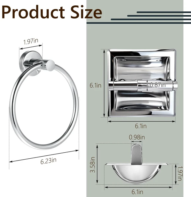 Alt view image 2 of 6 - 2 Pcs Polished Chrome Recessed Toilet Paper Holder and Towel Ring Set, Stainless Steel Bathroom Hardware, Wall Mount Pivoting Toilet Paper Dispenser & Heavy Duty Towel Roll Holder