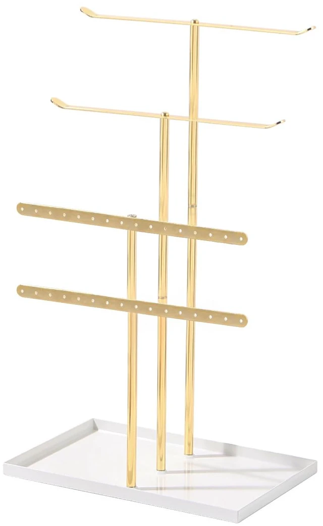 Main image of Necklace Bracelet Earring Holder Stand, Multi-Use Jewelry Display Organizer with Tray, T-Bar Metal Jewellery Organizer Stand, Jewelry Hanger Tower Rack for Women (Gold)