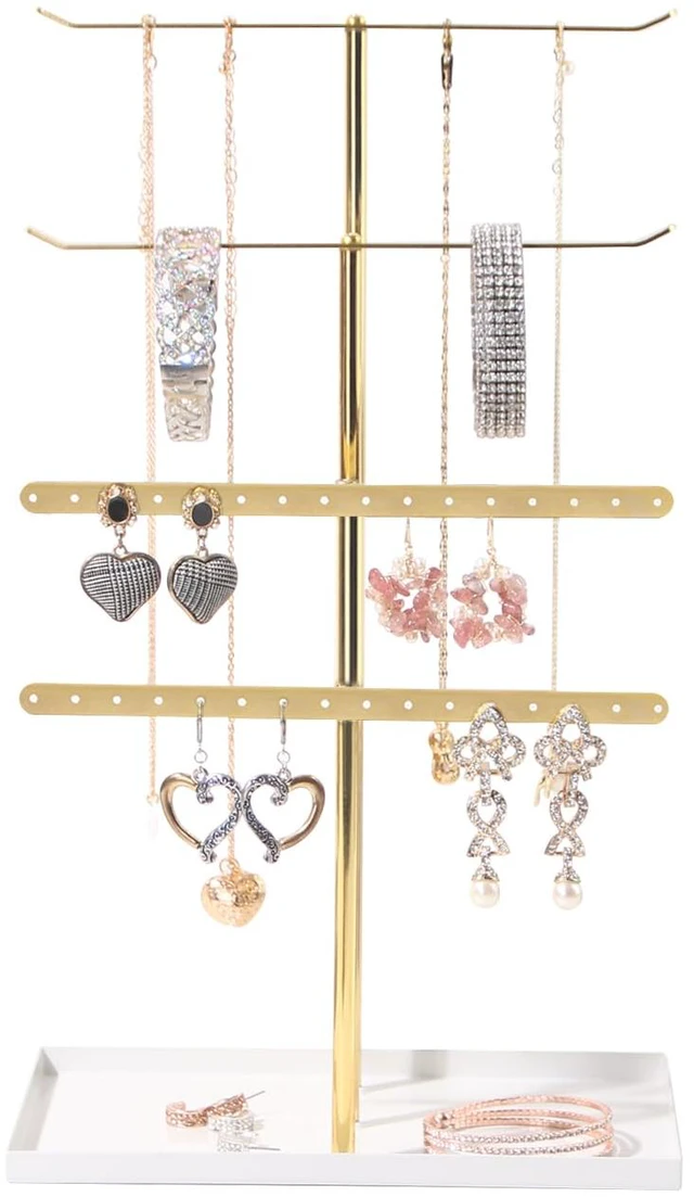 Alt view image 2 of 7 - Necklace Bracelet Earring Holder Stand, Multi-Use Jewelry Display Organizer with Tray, T-Bar Metal Jewellery Organizer Stand, Jewelry Hanger Tower Rack for Women (Gold)