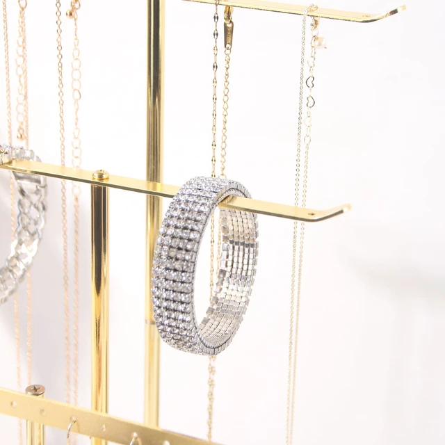 Alt view image 3 of 7 - Necklace Bracelet Earring Holder Stand, Multi-Use Jewelry Display Organizer with Tray, T-Bar Metal Jewellery Organizer Stand, Jewelry Hanger Tower Rack for Women (Gold)