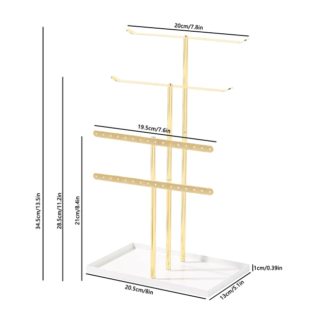 Alt view image 7 of 7 - Necklace Bracelet Earring Holder Stand, Multi-Use Jewelry Display Organizer with Tray, T-Bar Metal Jewellery Organizer Stand, Jewelry Hanger Tower Rack for Women (Gold)