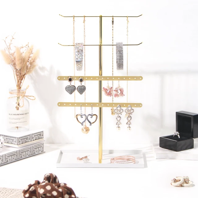 Alt view image 6 of 7 - Necklace Bracelet Earring Holder Stand, Multi-Use Jewelry Display Organizer with Tray, T-Bar Metal Jewellery Organizer Stand, Jewelry Hanger Tower Rack for Women (Gold)