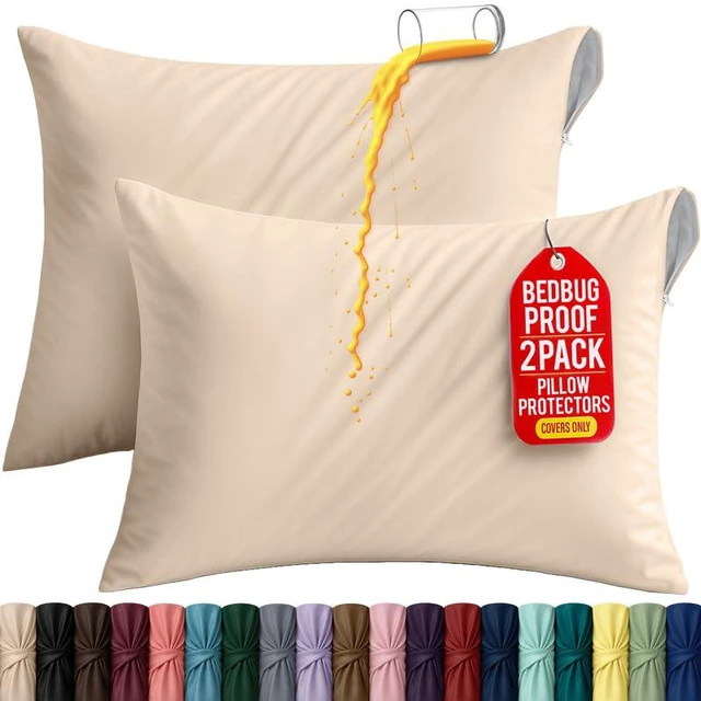 Main image of Set of 2 Pillow Protectors with Zipper Standard Size, Pillow Covers | Ultra Soft Pillow Encasements, Bed Bug & Dust Mite Proof, Moisture Wicking & Waterproof Pillow Cases by Beige