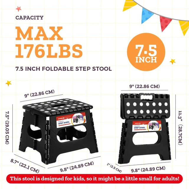 Alt view image 4 of 6 - Collapsible Step Stool 7.5 Inch, Small Folding Stool, 176 lbs, Black | Lightweight Foldable Step Stool for Kids and Adults with Handle, for Kitchen, Bathroom, Car, and Compact Home Storage